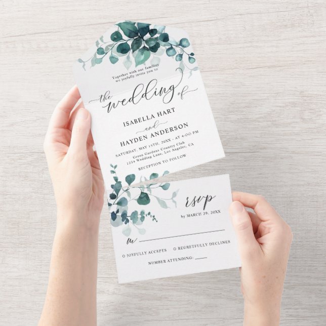 Eucalyptus Leaves Greenery Teal Foliage Wedding All In One Invitation (Tearaway)