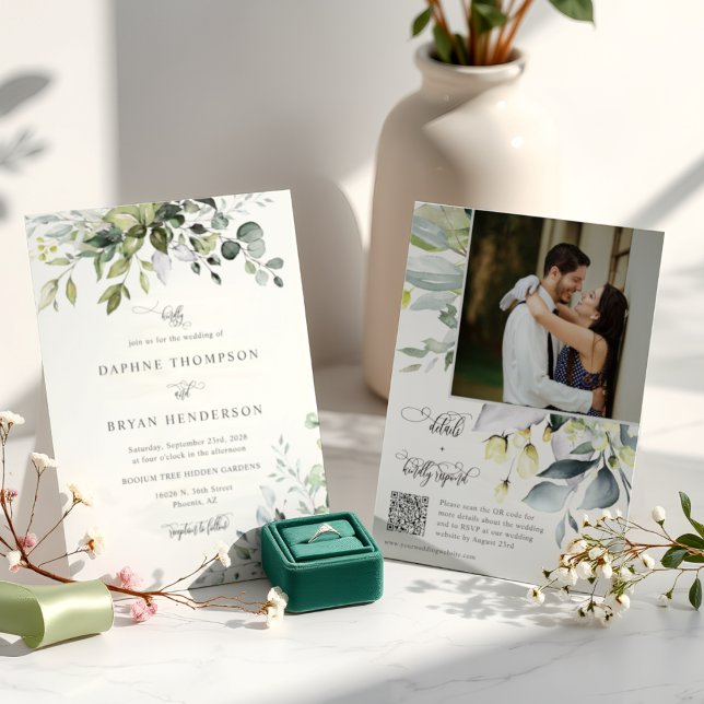 Eucalyptus Leaves Greenery Wedding QR Code Photo Invitation (Creator Uploaded)