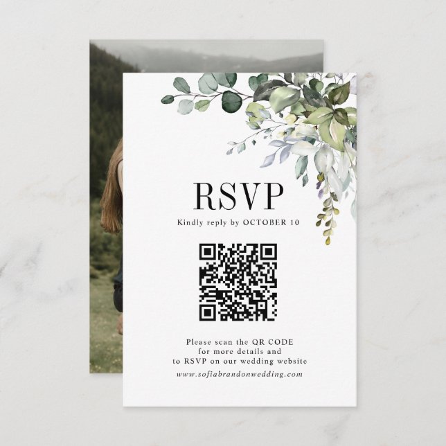 Eucalyptus Leaves Greenery Wedding QR Code Photo RSVP Card (Front/Back)