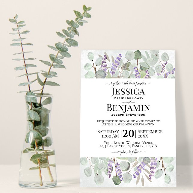 Eucalyptus Leaves Lavender Flowers Rustic Wedding Invitation (Creator Uploaded)