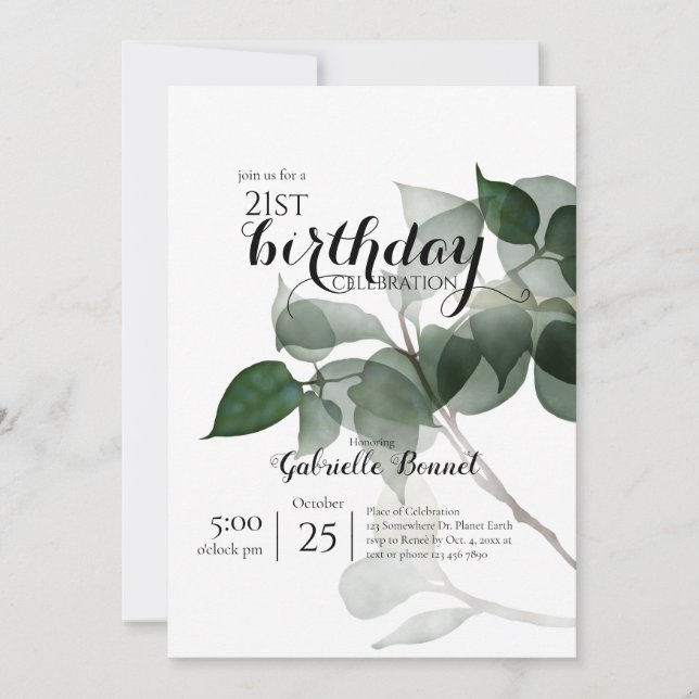 Eucalyptus Leaves, Modern Botanical Birthday Party Invitation (Front)