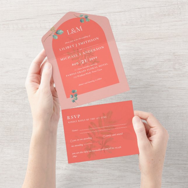 Eucalyptus Leaves Overlay Arch Wedding All In One Invitation (Tearaway)