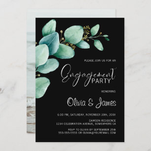 Eucalyptus Leaves Photo Black Engagement Party Invitation