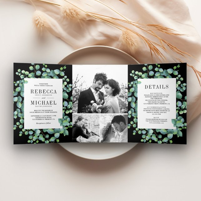 Eucalyptus Leaves Photo Collage Black Wedding Tri-Fold Invitation (Creator Uploaded)