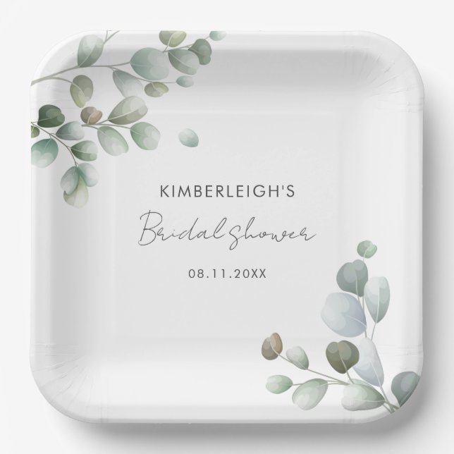 Eucalyptus Leaves Script Minimal Bridal Shower Paper Plate (Front)