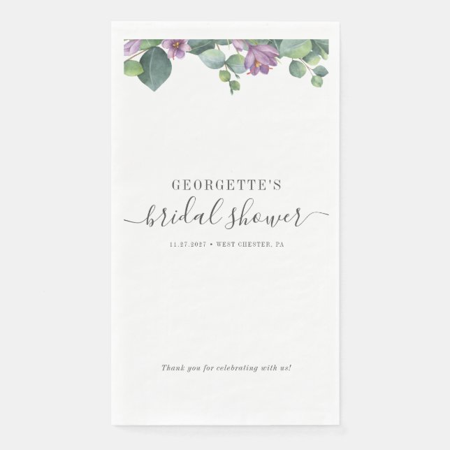 Eucalyptus Leaves Script Purple Bridal Shower Napkin (Front)