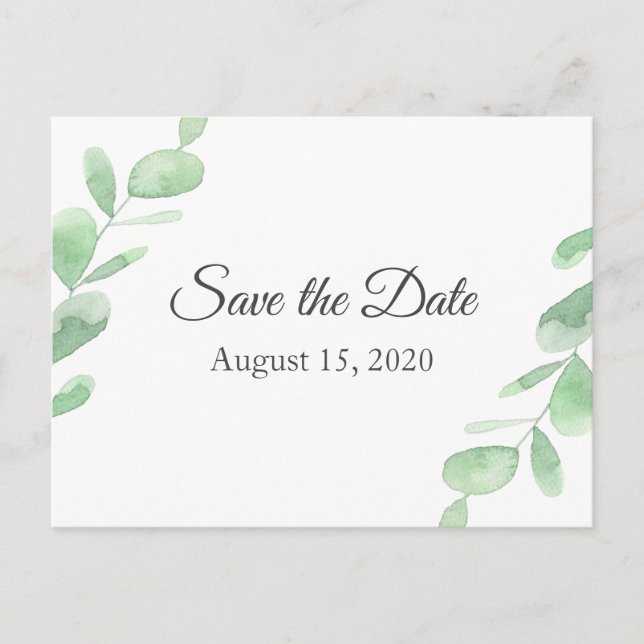 Eucalyptus leaves. Simple wedding Save the Date Postcard (Front)