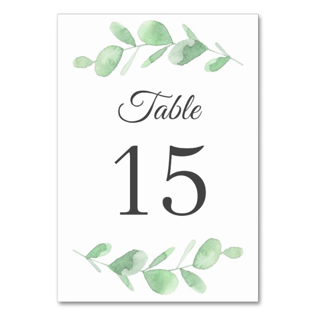 Eucalyptus leaves. Simple woodland Wedding Table Number (Front)