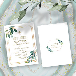 Eucalyptus Leaves Spanish 1st Birthday Baptism Invitation