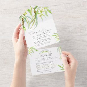 Eucalyptus leaves watercolor art rehearsal dinner all in one invitation