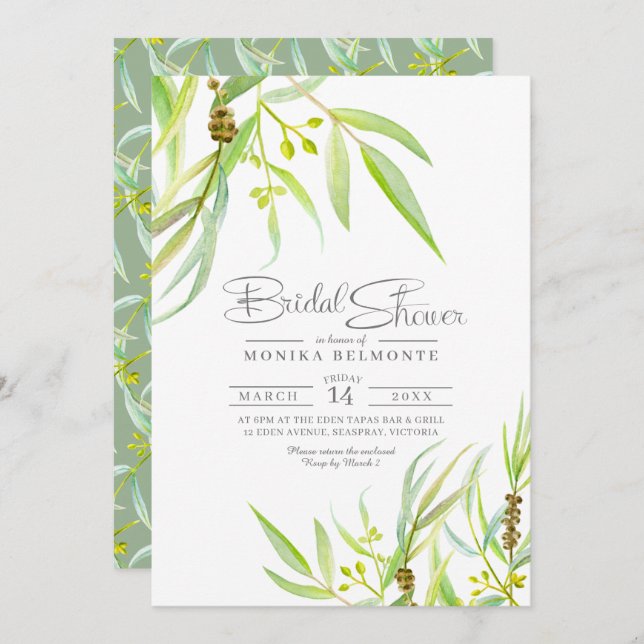 Eucalyptus leaves watercolor bridal shower invitation (Front/Back)