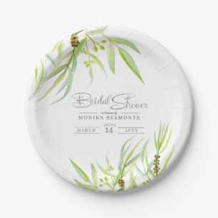 Eucalyptus leaves watercolor green bridal shower paper plate