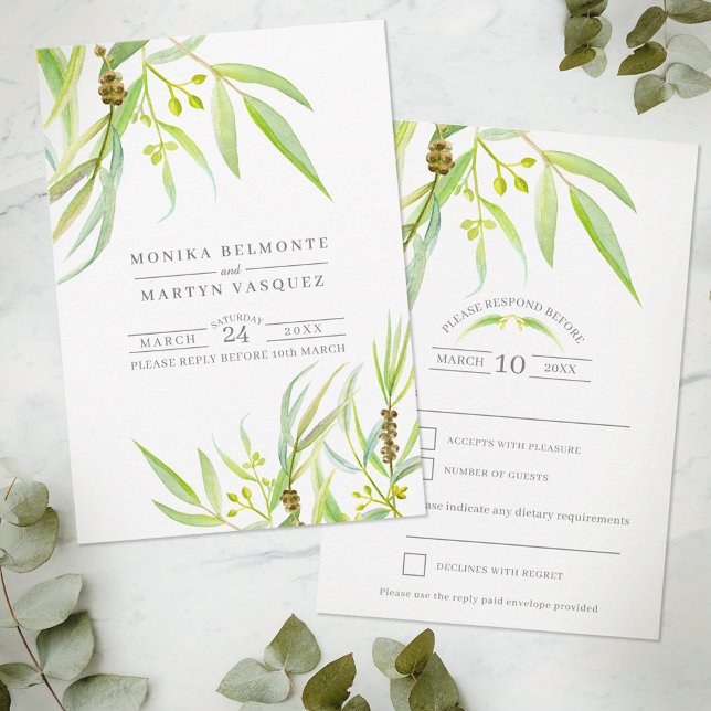 Eucalyptus leaves watercolor green wedding RSVP card (Creator Uploaded)