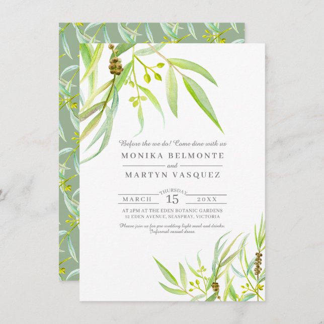 Eucalyptus leaves watercolor rehearsal dinner invitation (Front/Back)