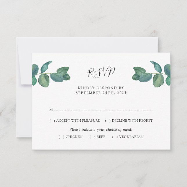 Eucalyptus Leaves Watercolor Wedding RSVP Card (Front)