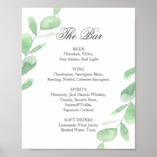 Eucalyptus leaves. Wedding Bar menu Poster