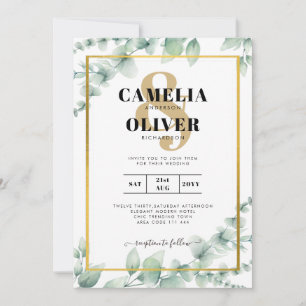 Eucalyptus Leaves WEDDING Greenery GOLD QR CODE Invitation
