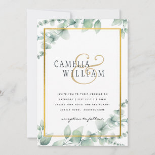 Eucalyptus Leaves WEDDING Greenery GOLD QR CODE Invitation