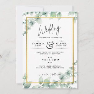 Eucalyptus Leaves WEDDING Greenery GOLD QR CODE  Invitation