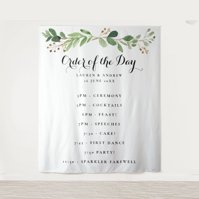 Eucalyptus Leaves Wedding Order of the Day Tapestry (Front)