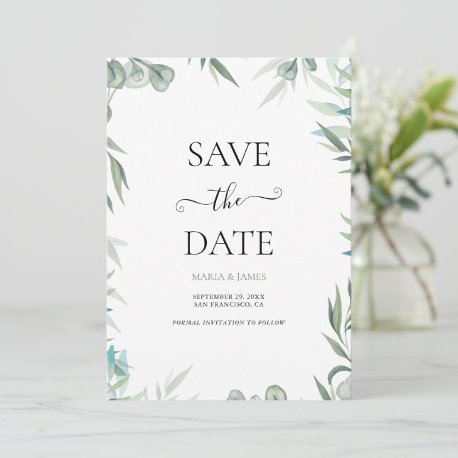 Eucalyptus Leaves Wedding Save The Date (Standing Front)