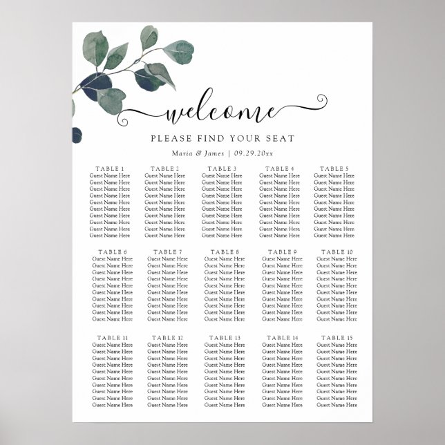 Eucalyptus Leaves Wedding Seating Chart (Front)