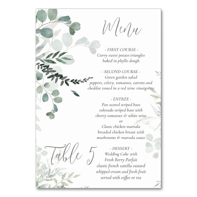 Eucalyptus leaves  Wedding Table Number (Front)