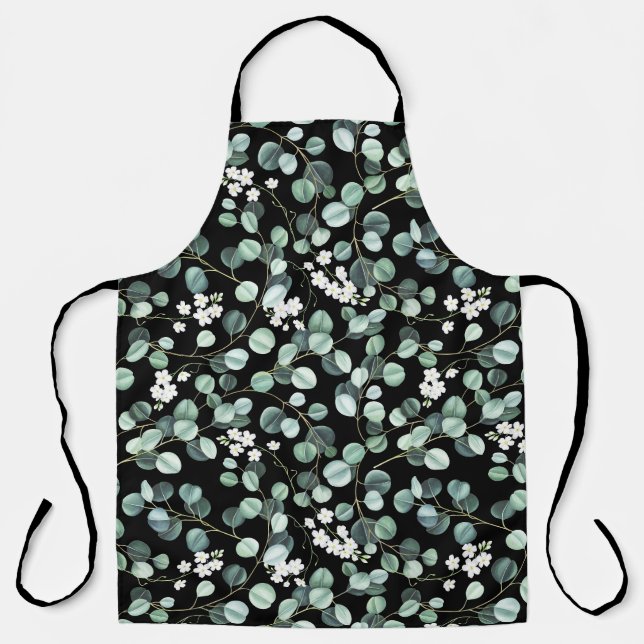 Eucalyptus Leaves: White Flowers Pattern Apron (Front)