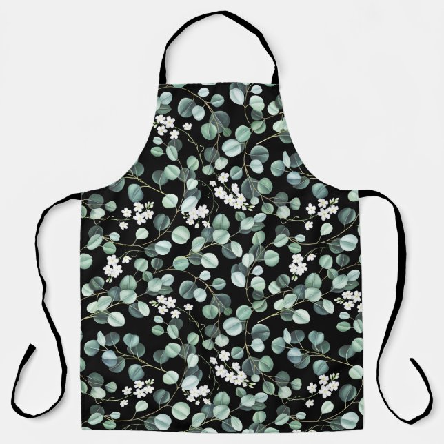 Eucalyptus Leaves: White Flowers Pattern Apron (Front)