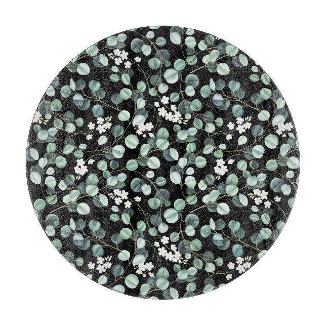 Eucalyptus Leaves: White Flowers Pattern Cutting Board (Front)