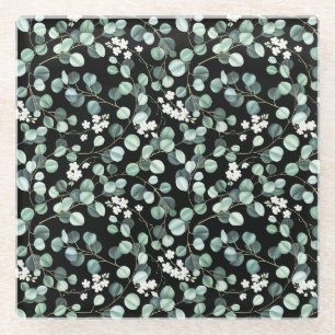 Eucalyptus Leaves: White Flowers Pattern Glass Coaster