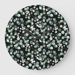 Eucalyptus Leaves: White Flowers Pattern Large Clock