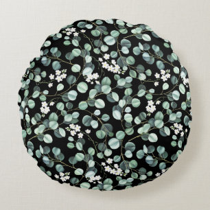 Eucalyptus Leaves: White Flowers Pattern Round Cushion
