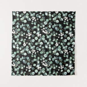 Eucalyptus Leaves: White Flowers Pattern Tapestry