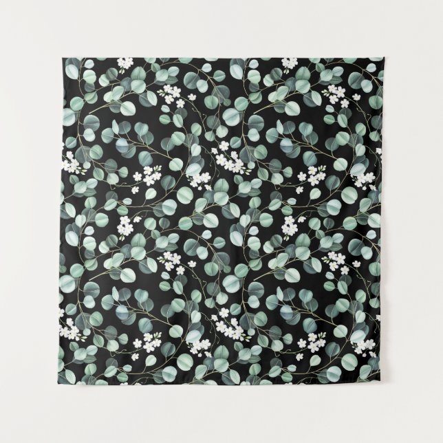 Eucalyptus Leaves: White Flowers Pattern Tapestry (Front)