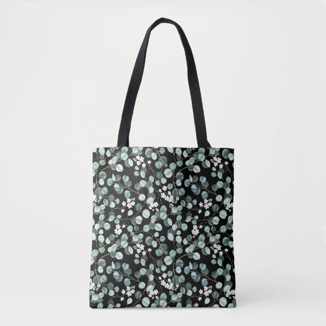 Eucalyptus Leaves: White Flowers Pattern Tote Bag (Front)