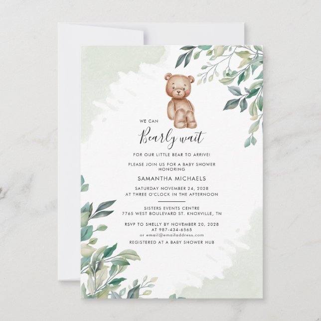 Eucalyptus Leaves Woodland Bear Boys Baby Shower Invitation (Front)
