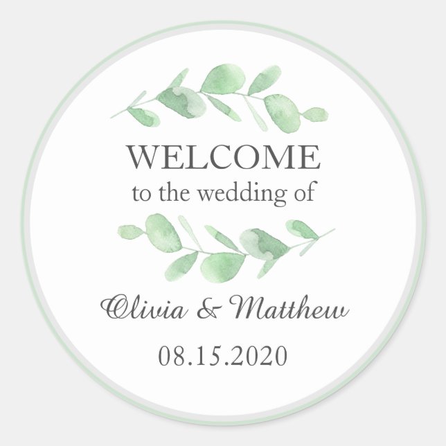 Eucalyptus leaves. Woodland simple wedding Welcome Classic Round Sticker (Front)