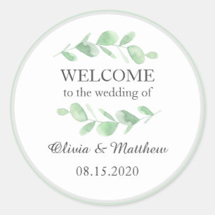 Eucalyptus leaves. Woodland simple wedding Welcome Classic Round Sticker