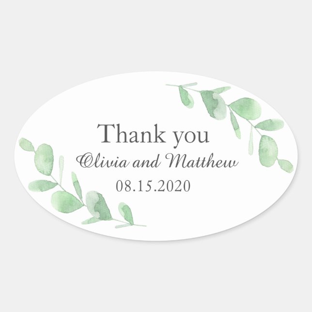 Eucalyptus leaves. Woodland wedding Thank You Oval Sticker (Front)