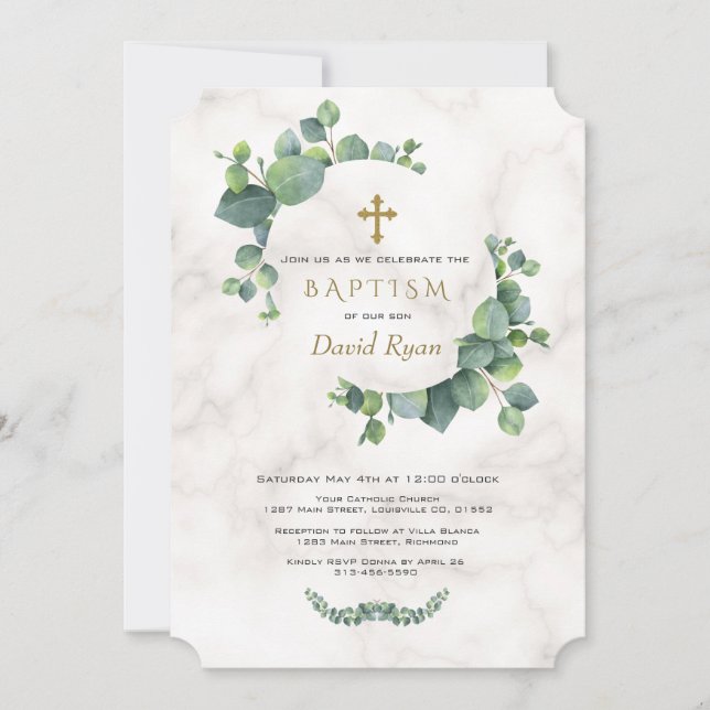 Eucalyptus Leaves Wreath Cross Marble Baptism Invitation (Front)