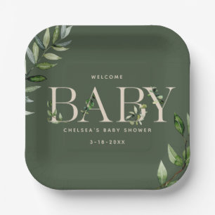Eucalyptus Lettering Green Neutral Baby Shower Paper Plate