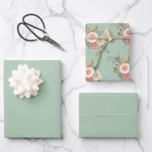 Eucalyptus Light Green Solid and Print Wrapping Paper Sheet