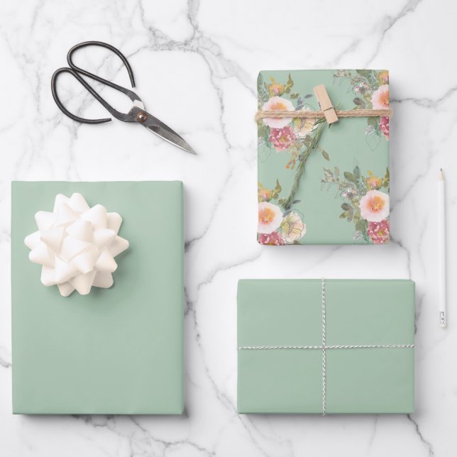 Eucalyptus Light Green Solid and Print Wrapping Paper Sheet (Front)