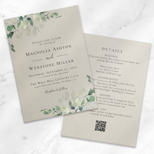 Eucalyptus Linen All in One Wedding Invitation (Creator Uploaded)