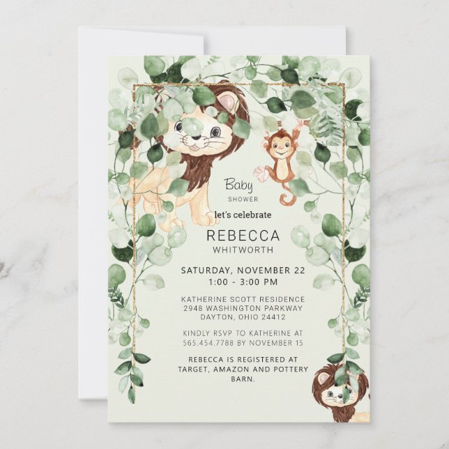 Eucalyptus Lion Monkey Baby Shower Foliage Mint Invitation (Front)
