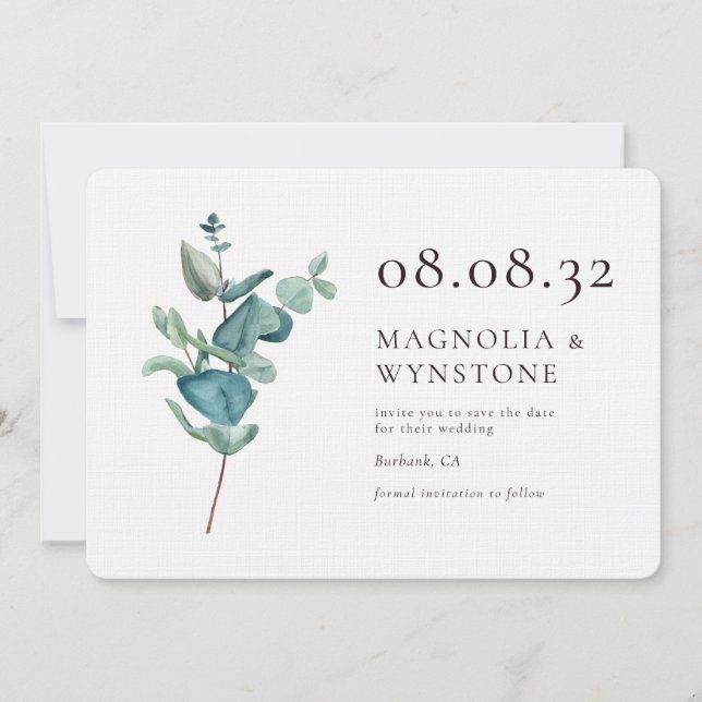Eucalyptus Luxury Linen Wedding Save The Date (Front)