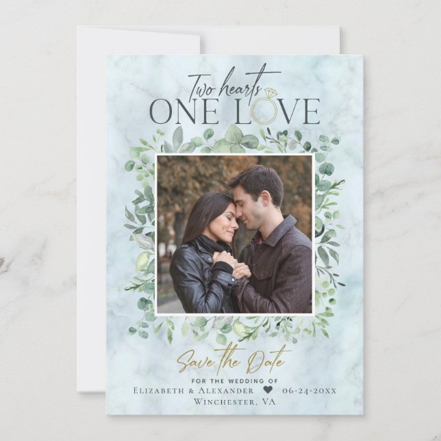 Eucalyptus Marble Photo Wedding Save the Date (Front)