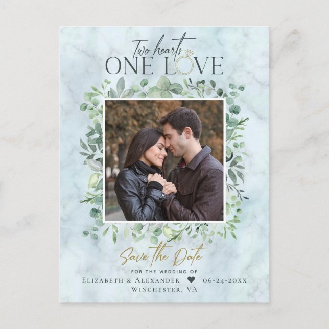 Eucalyptus Marble Photo Wedding Save the Date Announcement Postcard (Front)