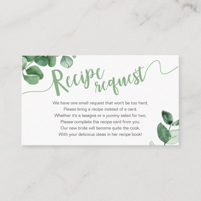 Eucalyptus Mason Jar Bridal Shower Recipe Request  Enclosure Card (Front)